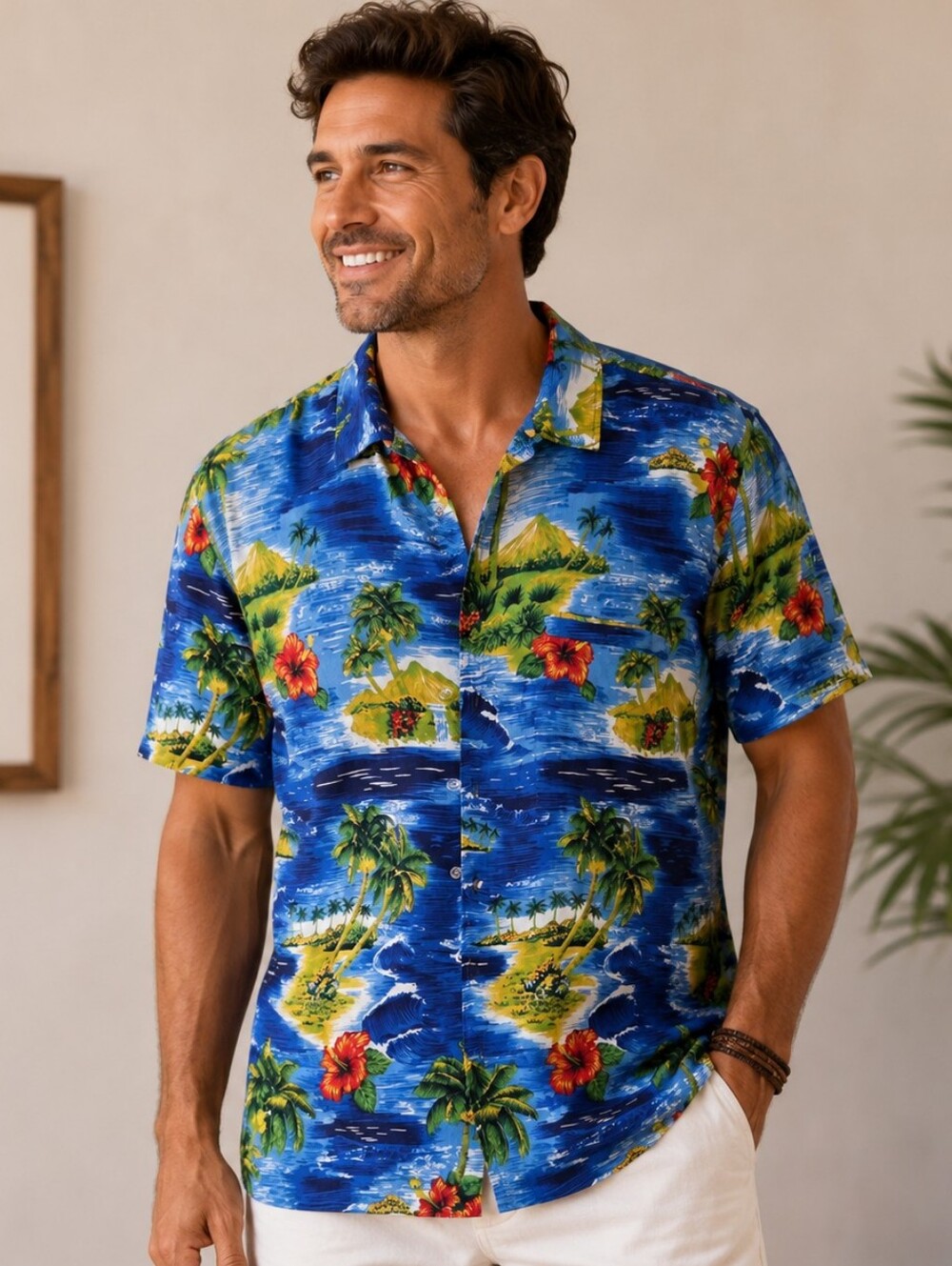 Men's Blue Tropical Island Print Short-Sleeve Button-Down Shirt
